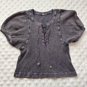 Free People One Hayden Thermal Waffle Knit Short Sleeve Lace Up Top Navy Size S